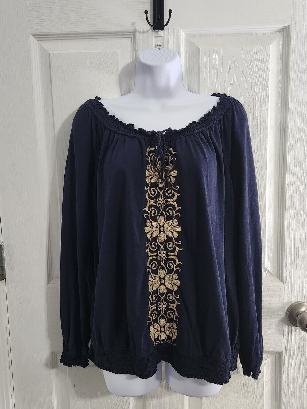 Blue embroidered long sleeve cotton blouse cottagecore regencycore PXL boho